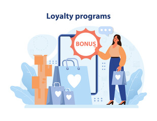 Loyalty program rewards. Confident shopper points to a bonus tag, surrounded by shopping bags and delivery boxes. Exploring exclusive offers and heart-themed incentives. Flat vector illustration
