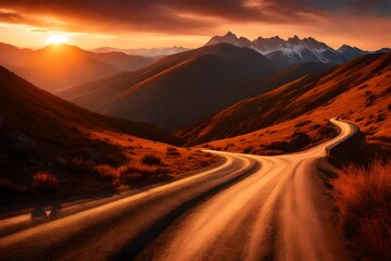 Winding road in the mountains at sunset, stretching into the distance 