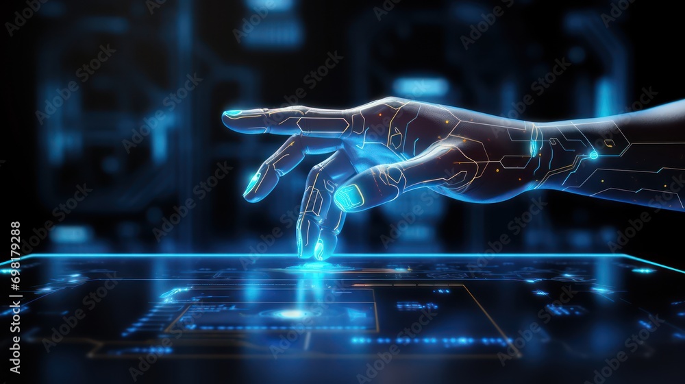Aufkleber the robot mechanical arm or hand presses the index finger on a button of a blank virtual holographic