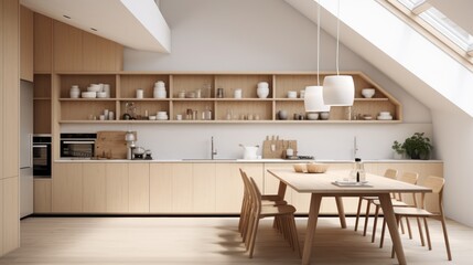 The kitchen is located in a rectangular room measuring 5 meters in length and 3 meters in width. There is a full-height, panoramic window on one of the long walls of the room, - obrazy, fototapety, plakaty