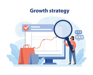 Market penetration concept. Businesswoman analyzes a growth strategy chart on computer. Enhancing market reach. Strategic planning. Scaling business. Flat vector illustration.