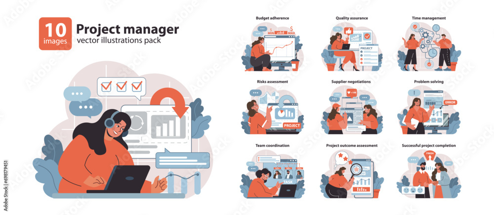 Poster project manager set. strategic planning and effective communication. navigating budget and time cons