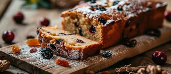 Yummy sliced cake with dried fruit
