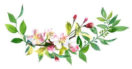 Beautiful apple blossom flowers illustration.Hello spring concept. Easter blooming flower. Pink cherry blossom artwork.