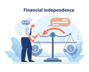 Financial independence concept. Businessman balances budget with careful strategy, navigating financial growth. Wealth equilibrium. Flat vector illustration.