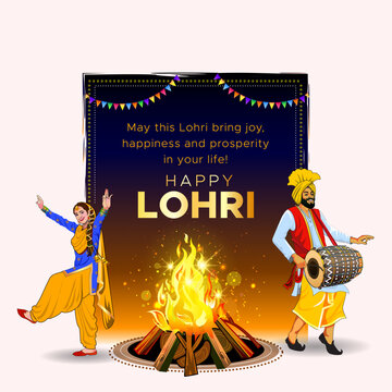 Vector Poster design for Lohri festival. Indian Punjabi sikh couple dancing around bonfire on lohri day.