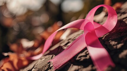 pink ribbon on a tree trunk - obrazy, fototapety, plakaty