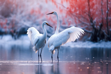 Siberian Cranes engage in a courtship dance against the wintry backdrop