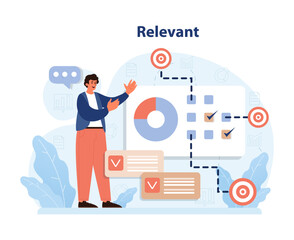 Relevance in goal-setting displayed. Man highlighting key data points, pie chart analysis, and task completion. Aligning objectives with pertinent actions. Strategic alignment, focused outcomes