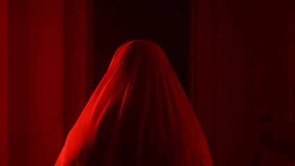 Portrait of ghost female in the house. Woman in white dress with veil covering her face walking in...