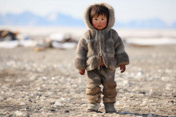 Young Inuit child standing alone in Alaskan village - obrazy, fototapety, plakaty