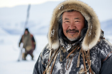 Fototapeta na wymiar Smiling Inuit man in snowy Alaskan landscape with fur hood