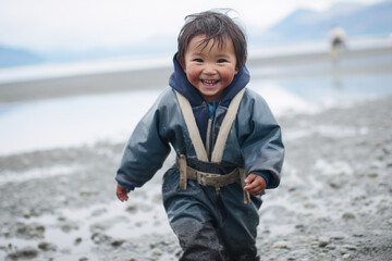 Inuit boy running joyfully on snowy beach in cold weather - obrazy, fototapety, plakaty