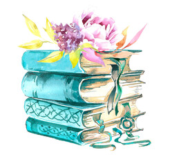 Watercolor hand painted books with flowers illustration isolated on a white background.Books design.Student concept design.Book lover illustration.