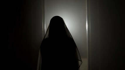 Portrait of ghost female in the house. Woman in white dress with veil covering her face in the...