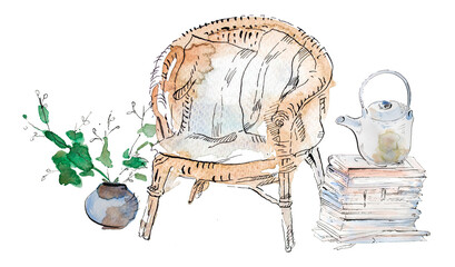 Watercolor chair and a plant,books stack and teapot illustration isolated on white. Freehand botanical illustration. Home potted plant. Nature trend. Hand drawn ink and watercolor interior design. 