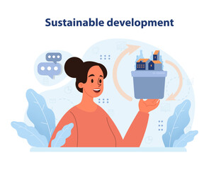 Woman holds miniature eco-city, envisioning sustainable development. Illustration highlights urban planning, green infrastructure, and the drive for eco-friendly cities