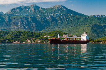 Large cargo ship in the Bay of Kotor, Montenegro. 