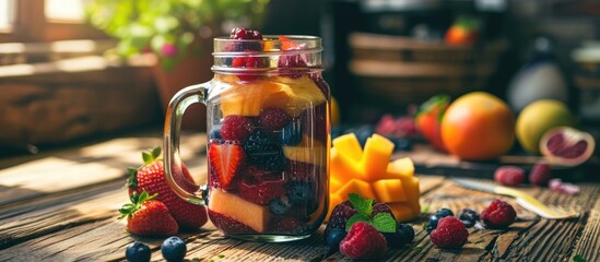 Fresh fruits blended in a glass blender jar to make a smoothie.
