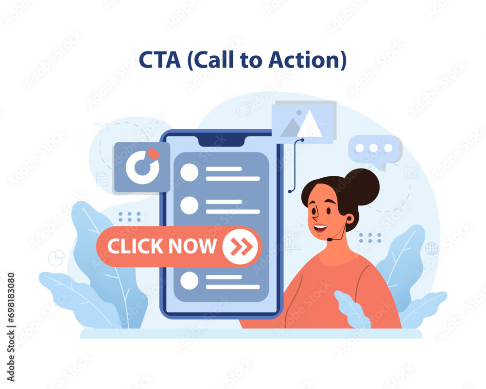 Poster cta call to action concept. enthusiastic marketer prompts action with a bold click now button. engag