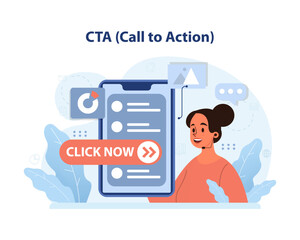 CTA Call to Action concept. Enthusiastic marketer prompts action with a bold Click Now button. Engaging users, driving conversions, immediate online response, urging participation. vector illustration - obrazy, fototapety, plakaty