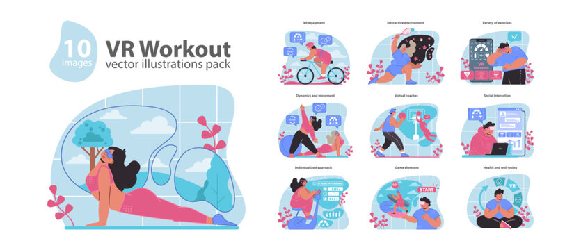 Engage in a futuristic fitness journey with our VR Workout vector pack, featuring interactive and dynamic exercises for a holistic virtual reality exercise regimen.