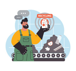Worker showcases a recycling app while sorting trash on a conveyor, emphasizing modern and tech-driven waste management practices. Flat vector illustration.