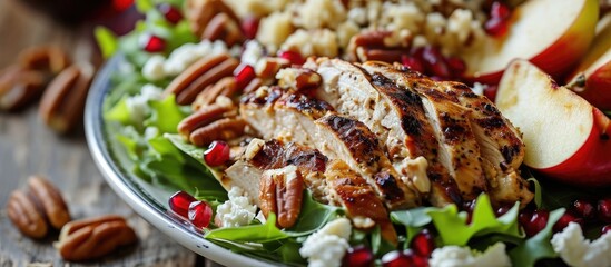 Grilled chicken salad with red apple slices, feta, pomegranate seeds, and pecans. - Powered by Adobe