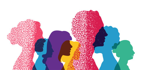 Different people stand side by side together. Group colored silhouette people from the side. Men and women portraits. Community of colleagues or collaborators, inclusive education, co-workers. 