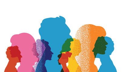 Different people stand side by side together. Group colored silhouette people from the side. Men and women portraits. Community of colleagues or collaborators, inclusive education, co-workers. 