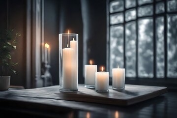 white candle in a glass at a beautifull minimilest room. generative ai 