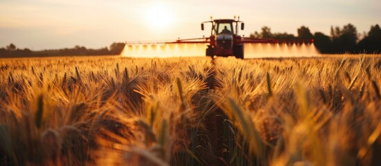 Spring view of pesticide sprayer on wheat field. - obrazy, fototapety, plakaty