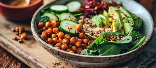 Selective focus on a Buddha bowl with roasted chickpeas, spinach, quinoa, avocado, and cucumber.