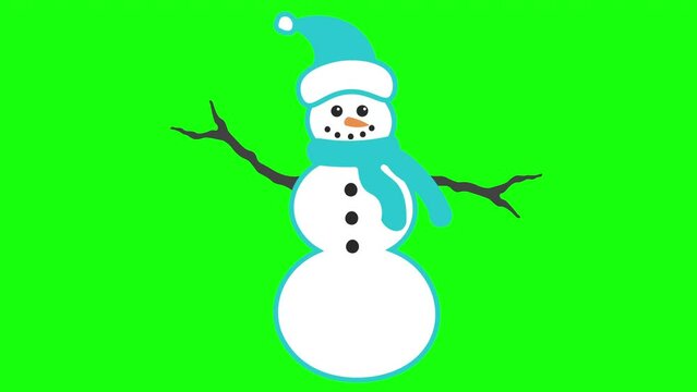 Animated Cute Snowman Loop Xmas  Motion Character animation Isolated on green Chroma screen Winter 4K background animation Christmas and New Year Design Element Snowman Wearing Blue Hat and Scarf