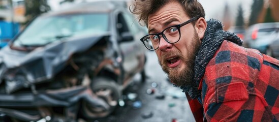 Man has car accident and makes funny expression.