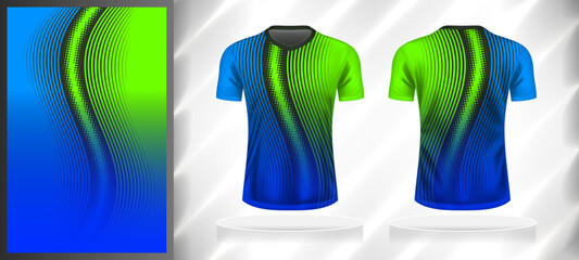 Vector sport pattern design template for V-neck T-shirt front and back with short sleeve view mockup. Shades of blue-green-grey color gradient abstract geometric line texture background illustration.