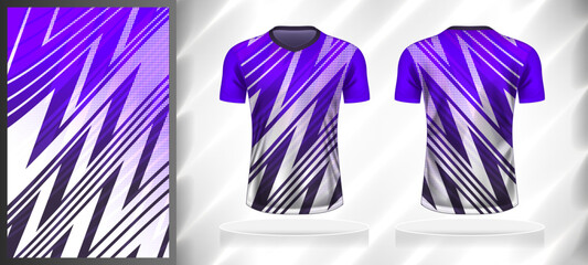 Vector sport pattern design template for V-neck T-shirt front and back with short sleeve view mockup. Dark and light shades of purple with white color gradient abstract line texture background. © WK Dannait B