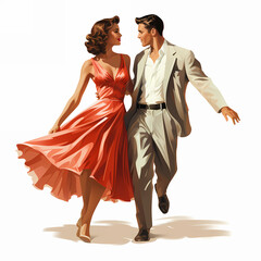 Caucasian girl and man in retro style clothes dancing, cartoon illustration. Man and woman in vintage clothing dancing