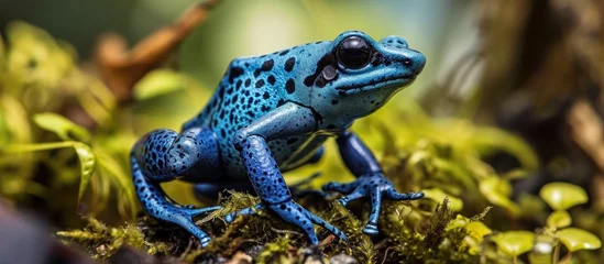 Türaufkleber Exotic, poisonous, and beautiful terrarium pet, the blue dart frog Dendrobates Azureus originates from the Amazon rainforest. © AkuAku