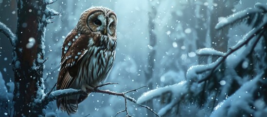 Winter forest with a tawny owl perched on a tree branch, surrounded by snow and nocturnal wildlife.
