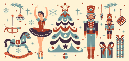 Nutcracker Christmas eve. Winter ballet collection. Noel aesthetic. Christmas tree baubles, decorations, toy soldier, ballerina. Elegant vintage decorations. © Vigurskaia Sofiya