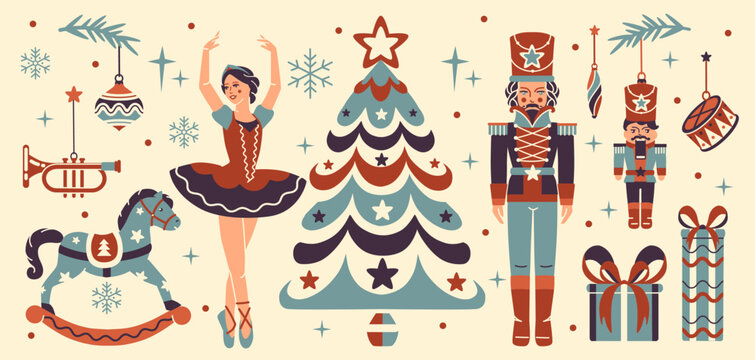 Nutcracker Christmas eve. Winter ballet collection. Noel aesthetic. Christmas tree baubles, decorations, toy soldier, ballerina. Elegant vintage decorations.