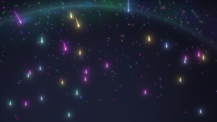 Comets and meteors of various colors set amidst a starry backdrop with flares.