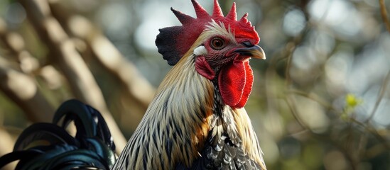 Angry, black and cream rooster.