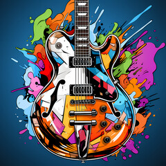 Rock and Roll. Grunge print with guitar. Vintage retro design symbol icon logo