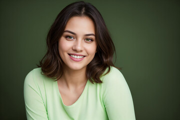 Fototapeta premium Portrait of beautiful young happy smiling woman in light green shirt on green background
