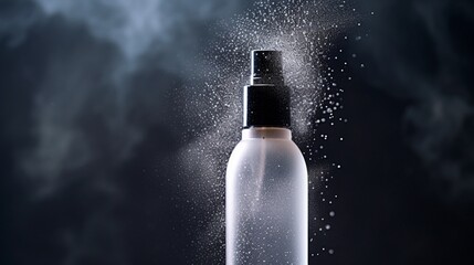 A close-up of a cosmetic bottle with a mist of fine droplets spraying from its nozzle.
