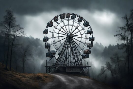 Ferris wheel in the middle of the forest and hills, cloudy foggy weather and mystical atmosphere, gray tones, AI generation Kandinsky. Poster for themed parties or horror movies 