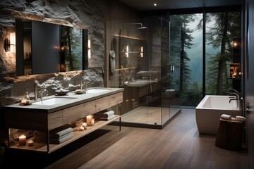 Obraz premium Bath space with smooth surfaces and minimalistic detailing. Natural and neutral color tones