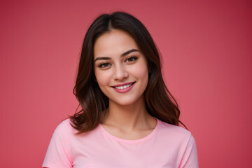Fototapeta premium Portrait of beautiful young happy smiling woman in pink shirt on red background